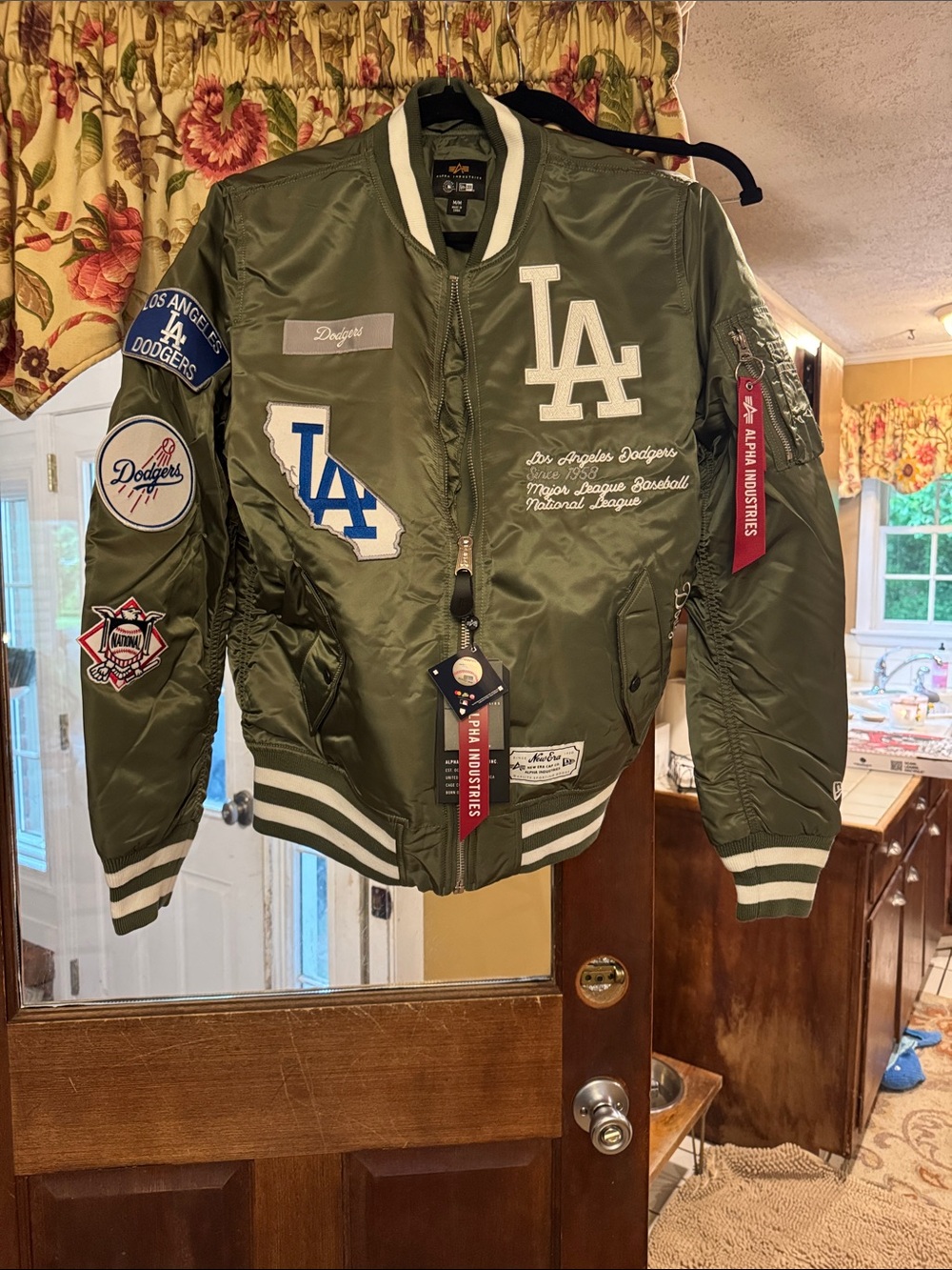New Era Los Angeles Dodgers Olive Green Bomber Jacket with White LA Logo